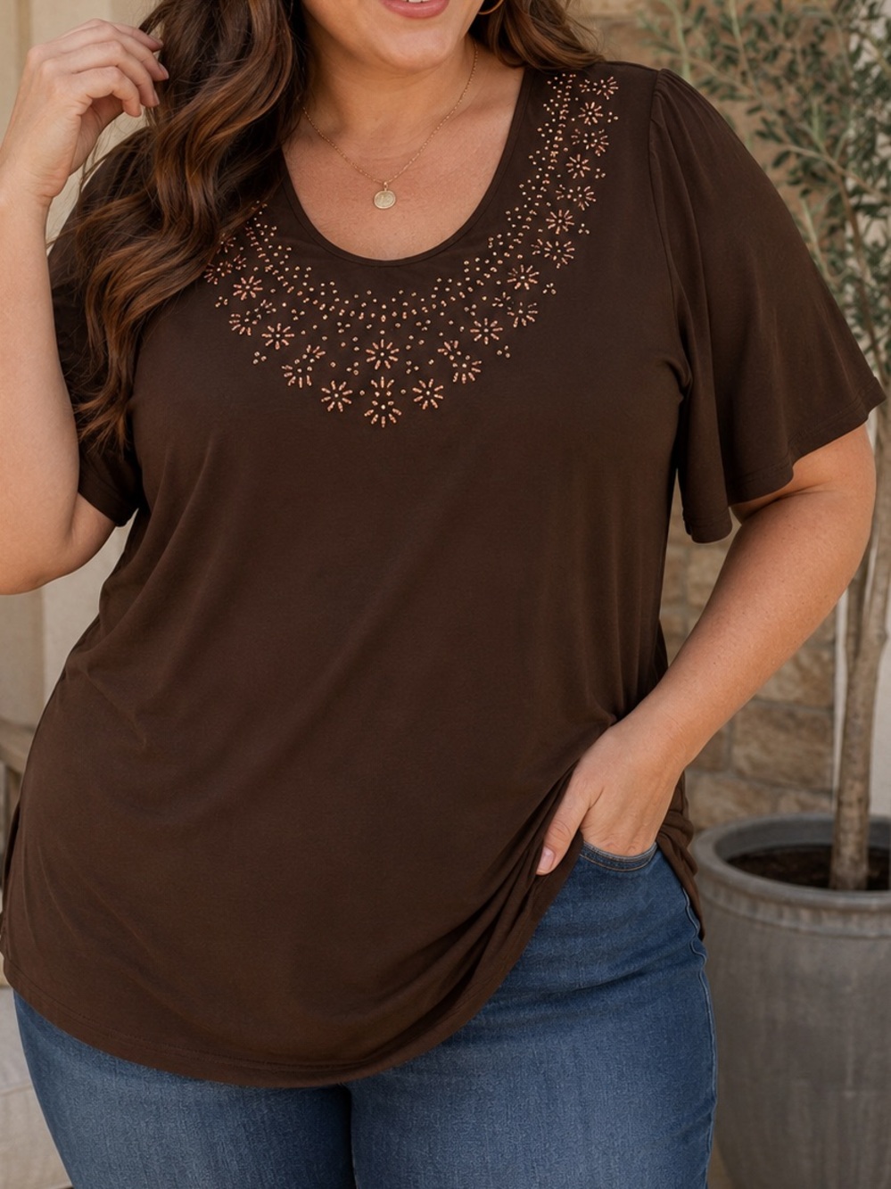 Brown & Rose Gold Embellished Bell Sleeve Top | Plus Size 1X Sequined Blouse